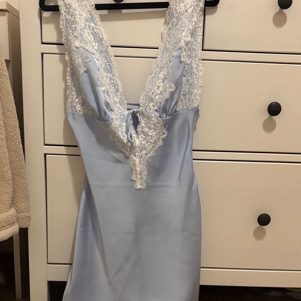 Elegant Lace Trim Blue dress